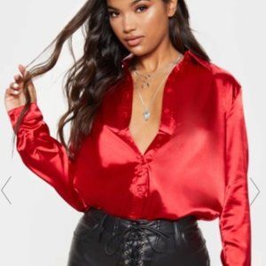 Red Satin Button Down Shirt